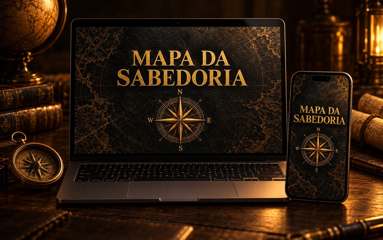 Apresentação digital do Mapa da Sabedoria nas telas de um MacBook e de um iPhone.